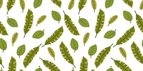 Fototapeta premium Tropical leaves seamless pattern. Botanical summer background, vector isolated on white background. Palm, banana tree.