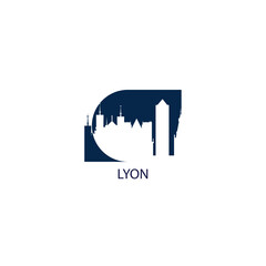 Lyon skyline, downtown panorama logo, logotype. France city badge contour, isolated vector pictogram with cathedral, monuments, landmarks, skyscrapers
