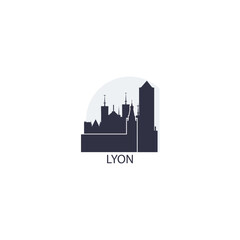 Fototapeta premium Lyon skyline, downtown panorama logo, logotype. France city badge contour, isolated vector pictogram with cathedral, monuments, landmarks, skyscrapers at sunrise, sunset