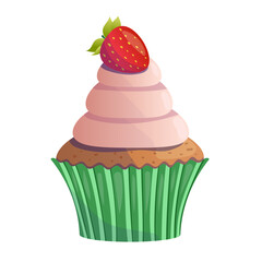 Cupcake with strawberry and cream. Sweet food, dessert. Cute illustration, vector isolated on white background.	