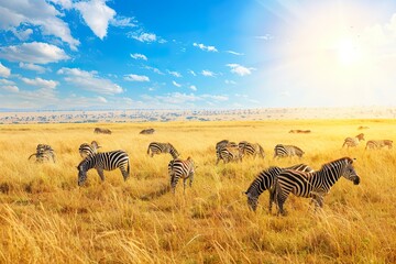 Naklejka premium Zebras Grazing in Sunlit Savannah