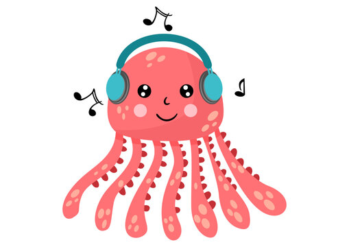 recommend clip art: Funny octopus listening to music with headphones