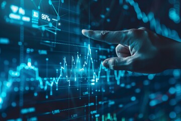 Businessman hand pointing finger to growth success finance business chart of metaverse technology financial graph investment diagram on analysis stock market background with digital economy exchange