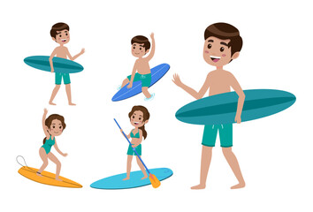 Human characters of surfers with their boards