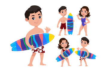 Human characters of surfers with their boards