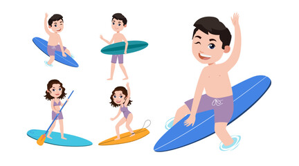 Human characters of surfers with their boards