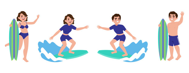 Human characters of surfers with their boards