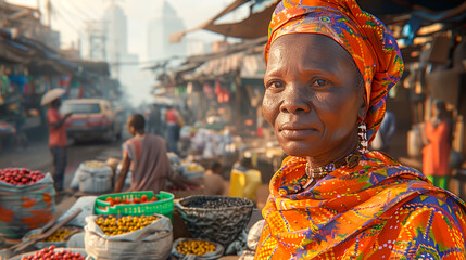 Fototapeta premium An elderly South African woman with a colorful headscarf and traditional jewelry