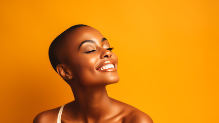 Beautiful, sexy, happy smiling dark-skinned African American woman with perfect skin and short haircut, on a yellow background, banner.