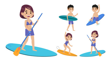Human characters of surfers with their boards