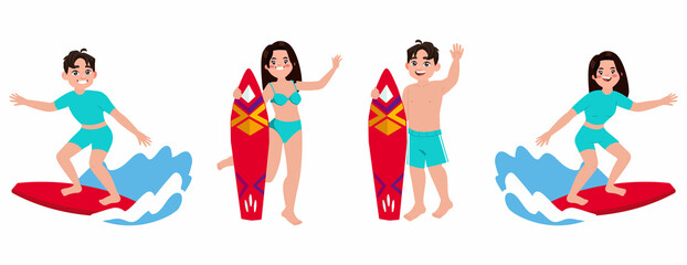 Human characters of surfers with their boards