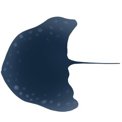 A dark blue cartoon stingray with two wide fins and a long, pointed tail. All around there are white circles