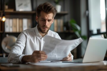 Obraz premium Man reads paper at desk with laptop