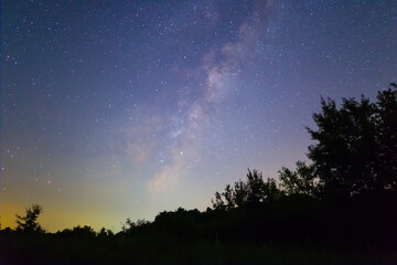 milky way on night starry sky above a forest silhouette
