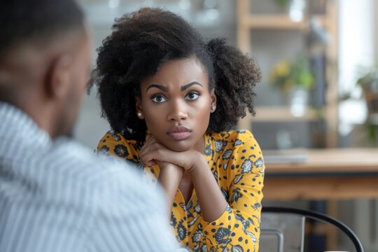 Man observing woman at table