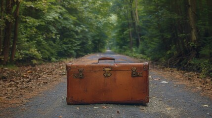 Weathered suitcase by a quiet roadside, trees forming a natural backdrop, captured in raw, realistic style