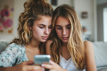 Fototapeta premium Two women on couch, phone, looking together