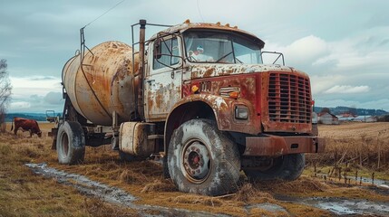 Weathered cement mixer truck in a rural farm scene, cows grazing in the background, raw and natural style