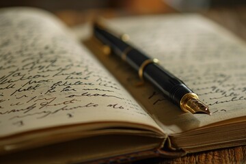 Book with fountain pen on handwritten page