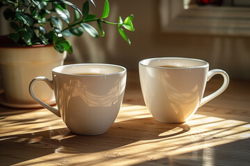 Fototapeta premium Two Coffee Cups on Sunlit Wooden Table
