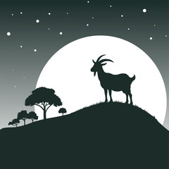 A Silhouette of a Goat on The Hill at Night Under The Moonlight