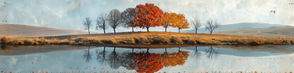 Scenic painting showing a serene lake, trees, and clouds