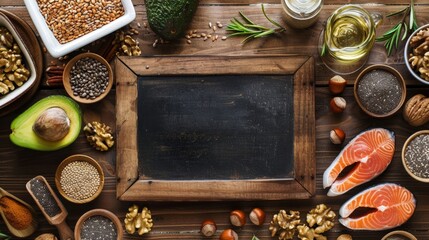 Assorted Healthy Food Ingredients on Rustic Table with Chalkboard Center