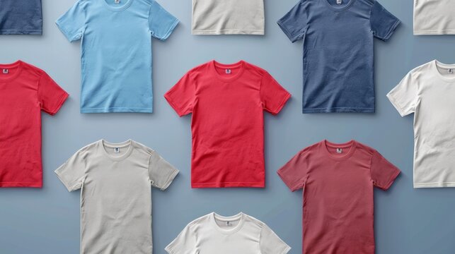 Assorted Colorful Blank T-Shirts Laid Out on Blue Background for Fashion Design