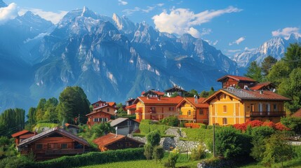 Vibrant mountain village scene, illustrating global unity, with diverse architectural influences and stunning natural surroundings