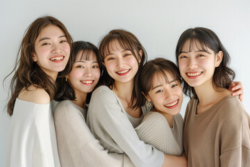 Obraz premium ナチュラルな色の衣装を着たアジア人女性の集合グループ。美容,健康,フィットネス,連帯,多様性