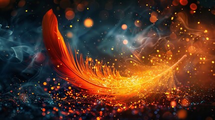 Vibrant feather on fire, surrounded by glittering particles, creating a magical and mysterious atmosphere