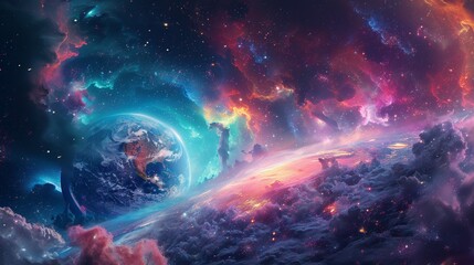 Vibrant digital art of Earth with headphones, cosmic scenery with space themes, capturing the essence of music and futurism