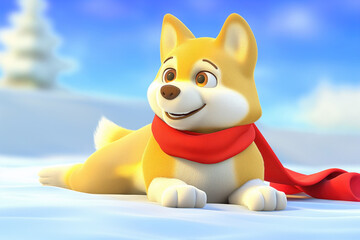 Happy cartoon dog in red scarf on winter background. Illustration for kids book