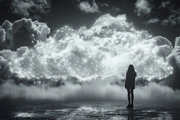 Obraz premium Silhouette of a person standing in front of an illuminated cloud with stars in a dreamlike, monochrome landscape.