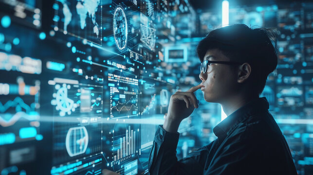 AI Artificial Intelligence. Business man using AI technology for data analysis coding computer language with digital brain