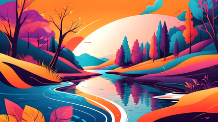 วาดภาพทิวทัศน์พื้นหลัง ภาพประกอบธรรมชาติ วิวแม่น้ำต้นไม้ สำหรับเด็ก