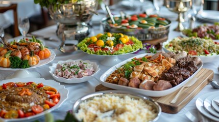 Obraz premium Traditional Eid Adha Feast with Various Dishes on a Lavish Table for Commercial Use