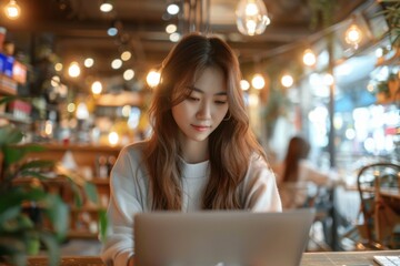 Fototapeta premium Woman working on table with laptop