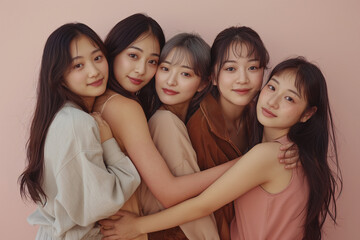 Obraz premium ナチュラルな色の衣装を着たアジア人女性の集合グループ。美容,健康,フィットネス,連帯,多様性,フェムテック