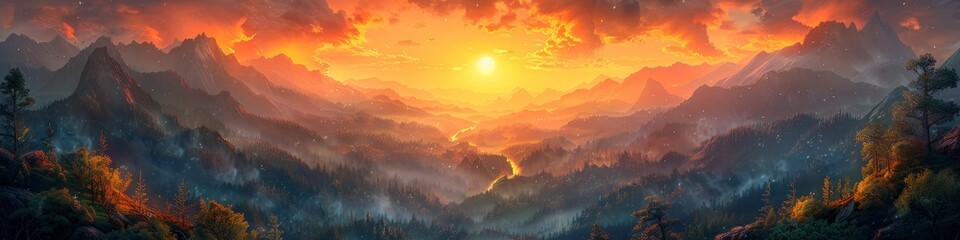 Sunset painting with forest and mountains in the background