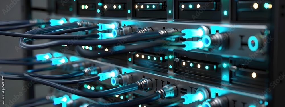 Poster futuristic fiber optic network node with multiple digital connections in 3d rendering