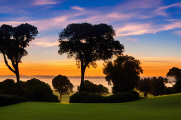 Serene Park at Sunrise with Silhouetted Trees