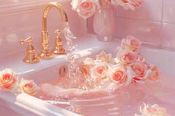 bathroom, sink with golden faucet and water flowing into the bathtub that is filled with pastel colored roses, glittering light pink crystals in vases on top of tub, pastel peach wall paper, aesthetic