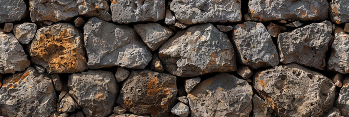 Fototapeta premium Textured stone wall with rough, weathered rocks, showcasing a rugged and natural appearance, perfect for backgrounds, architectural designs, and outdoor scenes..