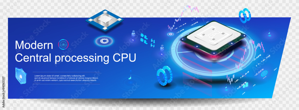 Poster futuristic pc processor with neon hologram on transparent background. process operation multi-core p