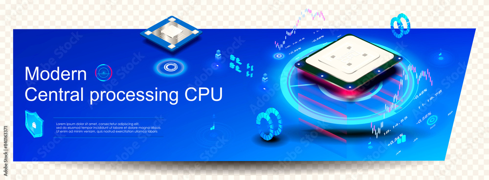 Poster futuristic pc processor with neon hologram on transparent background. process operation multi-core p