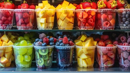 Shelves with colorful fruit cups and berries, presenting a variety of fresh, ready-to-go snack options