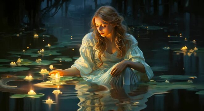 A beautiful ethereal woman kneels in a pond surrounded by lily pads and glowing flowers.
