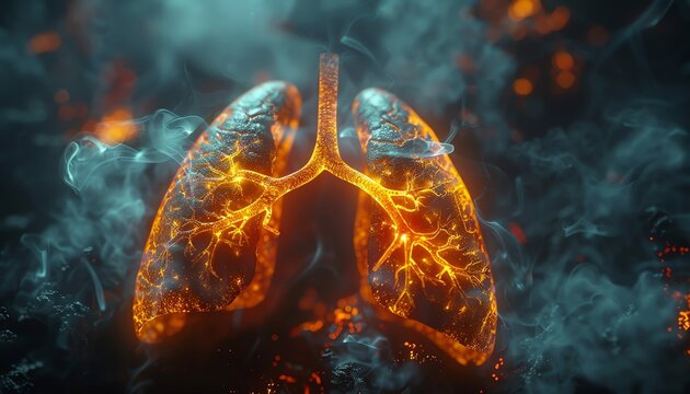 Glowing human lungs against a smoky background, symbolizing respiratory function and health in a dramatic, artistic representation.