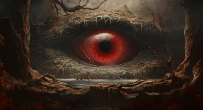 A dark cave with a giant red eye in the center